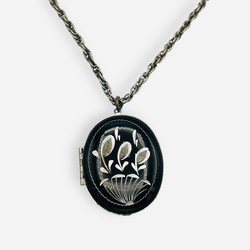 Vintage Eloxal Locket Necklace Aluminum Silver Black Flowers Pendant Oval Photo